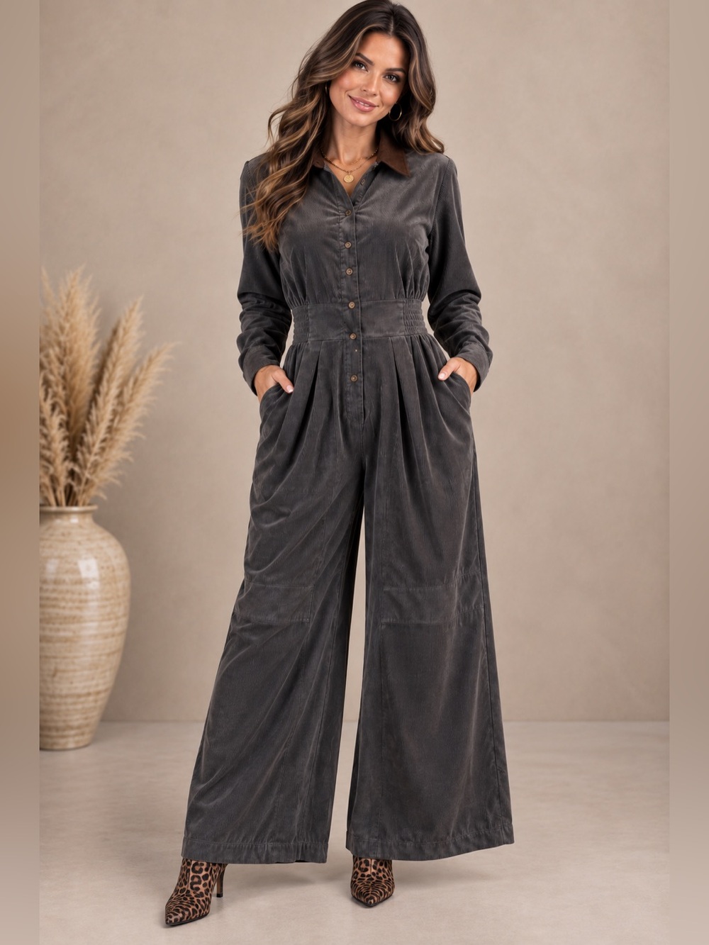 GIGIO Wide-Leg Utility Jumpsuit – Charcoal Gray & Brown